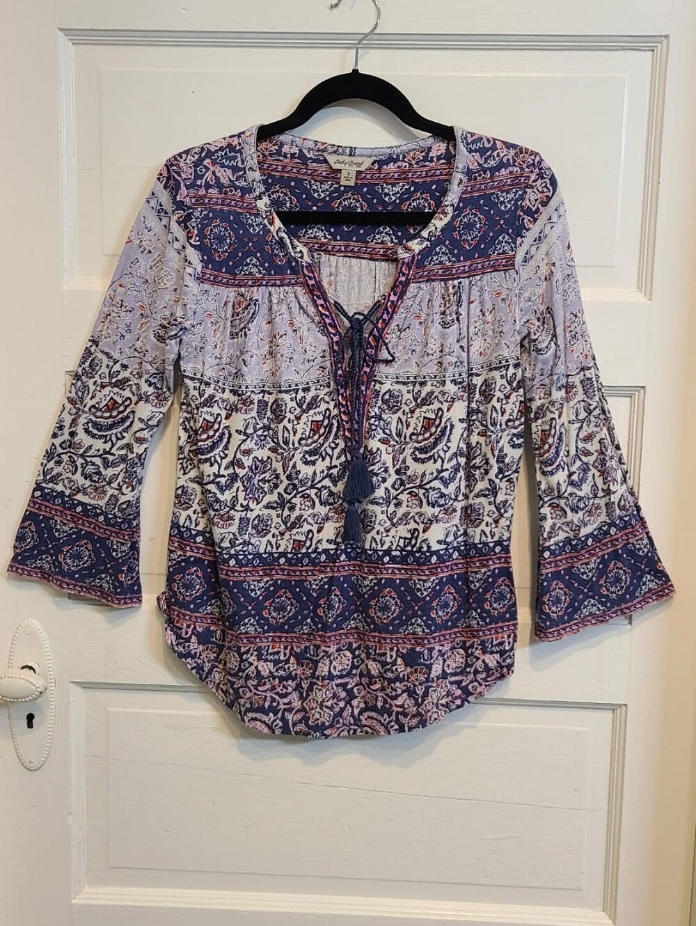 Lucky Brand Boho Tassel Peasant Top in Navy and White Size Small
